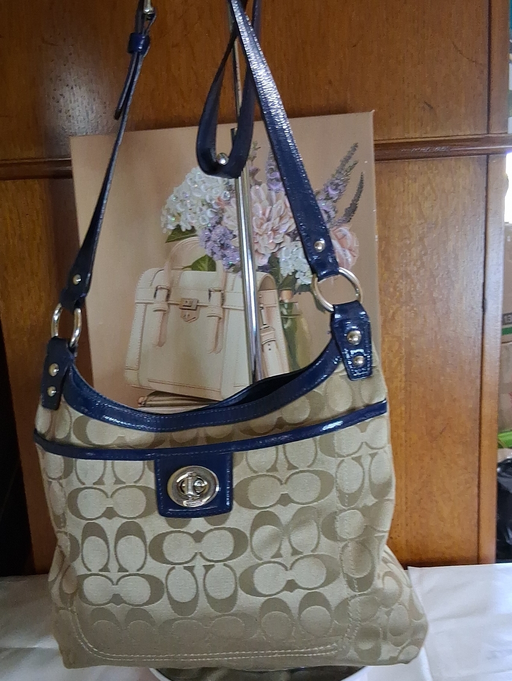 Coach Penolope Beige Signature Canvas Shoulder Bag with Navy Trim (EUC)